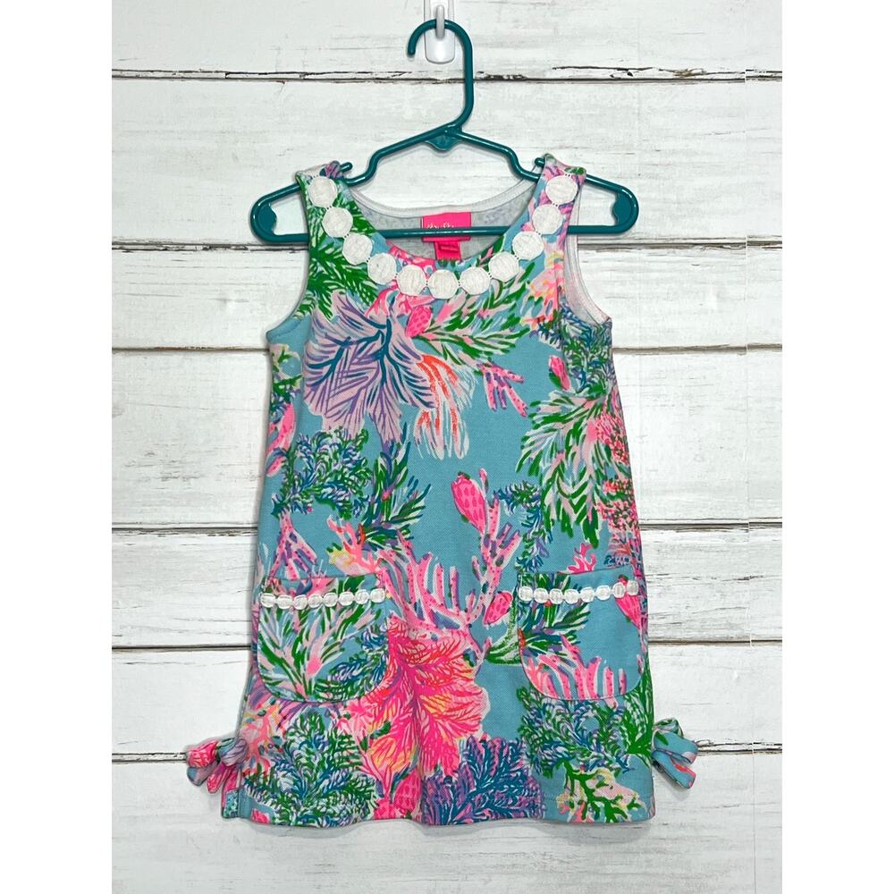 Lilly Pulitzer XS Tropical Print Shift Dress Shell Trim Sleeveless Blue Pink